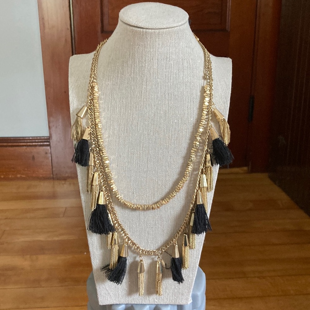 Black and gold tassel statement necklace